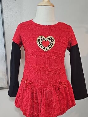 ❤️ Red Lace Leopard Heart Bubble Dress - Size 6X